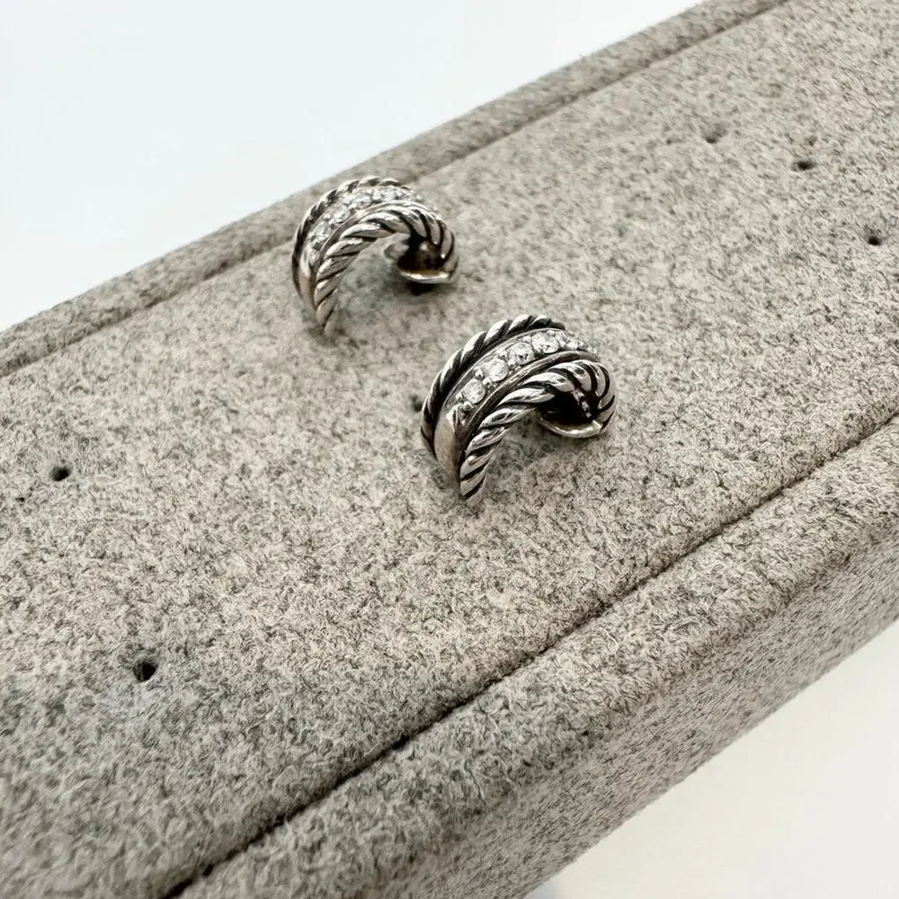 DAVID YURMAN Silver Cable Classic Huggie Earrings Pave Diamonds DY 925 Jewelry